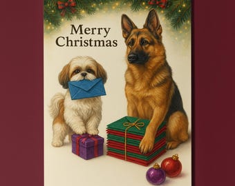 German Shepherd and Shih Tzu  Dogs - Santa’s Helpers - Merry Christmas Card - Funny Dogs - Premium Greeting Card Envelope - Personalised