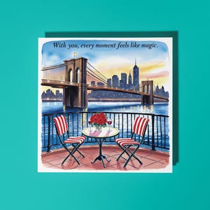 Handgemachte Brooklyn Bridge bei Dämmerung - With you, every moment feel like magic - New York City Love Card Premium Grußkarte mit Umschlag