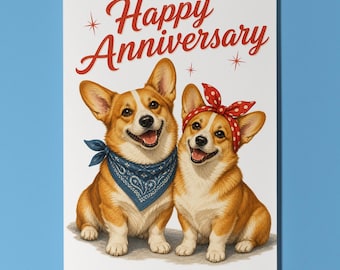 Corgi Anniversary Card, Retro Dog Couple Greeting Card, Personalised Vintage Pin Up
