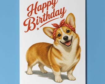 Corgi Birthday Card, Retro Dog Greeting Card, Personalised Vintage Pin Up Style