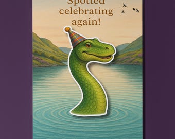 Loch Ness card with Nessie in a party hat - Pop 3D appliqué - Birthday card -  Funny animals - Premium Card and Envelope - Personalised Card
