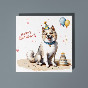 Cão Spitz fofo feito à mão com bolo Cartão de feliz aniversário Cartão engraçado de animal Amantes de animais Cartão de felicitações premium e envelope