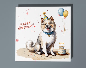 Handmade Cute Spitz Dog breed With cake Happy Birthday Card Funny Animal Card Animal Lovers Premium Greeting Card and Envelope