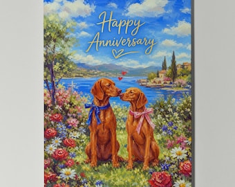 Vizsla Anniversary Personalised Card, Romantic Dog Couple, Floral Lake Landscape Greeting Card