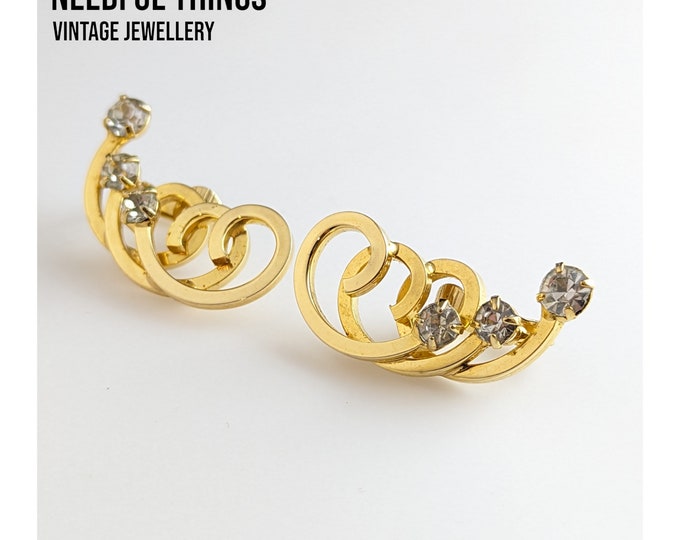 Beautiful Vintage Jewellery Gold-tone Faux Diamond Clip-on Earrings