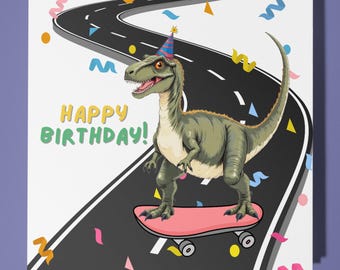 Dinosaur T-Rex on a Skate - Birthday Card - Personalised card - Funny Animal Card - Premium Greeting Card & Envelope Mum  Son Sister Friend