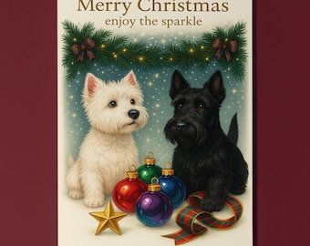 West Highland White& Scottish Terrier Dogs - Santa’s Helpers - Christmas Card - Funny Dogs - Premium Greeting Card Envelope - Personalised