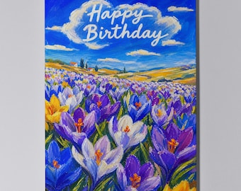 Crocus Floral Birthday Card, Personalised Flower Greeting Card, Botanical Art