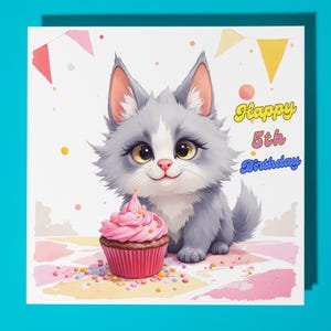 Katze Happy 5th Geburtstagskarte - lustiges Tier - Premium Grußkarte & Umschlag - personalisierte Katzenkarte - Enkel-Enkelin Tochter Sohn