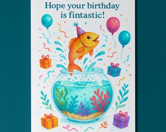 Goldfish Birthday Splash - Hope your birthday is fintastic! Card Funny Animals Premium Greeting Card and Envelope Personalised - Friends