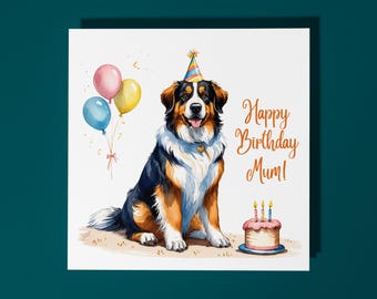 Handmade Cute Bernese Mountain Dog breed with Cake Happy Birthday Mum Card Funny Animal Card Animal Lovers Premium Greeting Card & Envelope