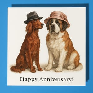 Setter irlandese e San Bernardo - Biglietto di auguri di buon anniversario con animali divertenti - Biglietto di auguri premium e busta - Biglietto personalizzato - Marito e moglie