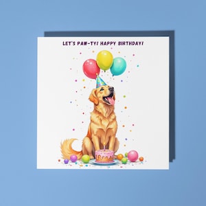 Golden Retriever Alegre Feito à Mão Usando um Chapéu de Festa Feliz Aniversário! Cartão Cartão Engraçado de Animal Amantes de Animais Cartão de Saudação Premium Envelope.