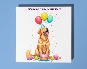 Handmade Cheerful Golden Retriever wearing a party hat Happy Birthday! Card Funny Animal Card Animal Lovers Premium Greeting Card  Envelope.