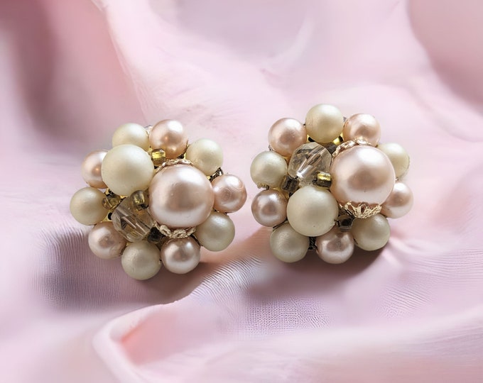 Lovely Vintage Pink and White  Faux Pearl Clip-on Earrings Made in Japan