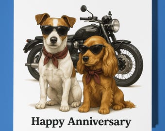 Jack Russell Terrier Cocker Spaniel - Motorbike Happy Anniversary Card Funny Animal Premium Greeting Card Envelope - Personalised dog card