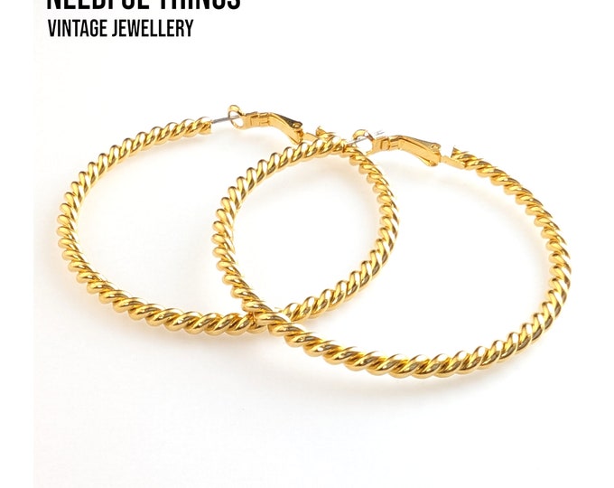 Beautiful Vintage Jewellery Gold-tone Large Hoop Earrings Lever Back