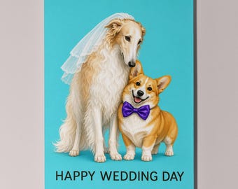 Borzoi Corgi Personalised Wedding Day Card, Cute Dog Couple Bride Groom Gift