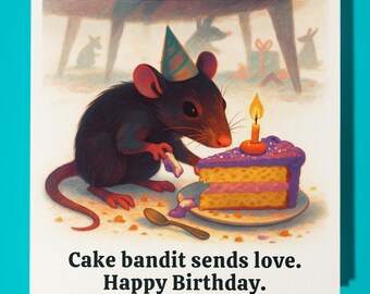 Rat eats cake - Cake bandit sends love - Happy Birthday Card - Premium Greeting Card & Envelope - Personalised funny card - Friend Family