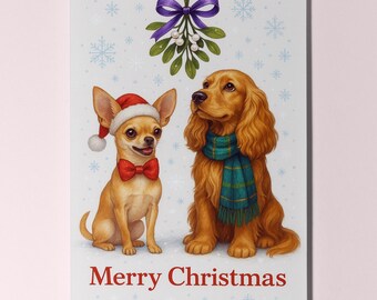 Chihuahua & Cocker Spaniel Dogs Under the Mistletoe - Merry Christmas Card - Funny Dog - Premium Greeting Card Envelope - Personalised card