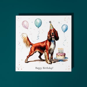 Race de chien Setter irlandais fait main mignonne avec gâteau Carte de joyeux anniversaire Carte d'animal drôle Carte de voeux et enveloppe premium pour amoureux des animaux