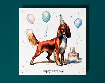 Handmade Cute Irish Setter Dog breed With Cake Happy Birthday Card Funny Animal Card Animal Lovers Premium Greeting Card & Envelope