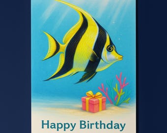 Rainbow Fish Parade Collection - Moorish Idol Tropical fish - Happy Birthday Card - Premium Greeting Card & Envelope - Personalised card