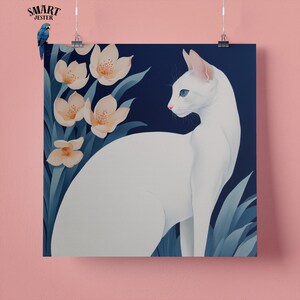 Stampa artistica da parete con ritratto di gatto orientale bianco elegante, regalo perfetto per gli amanti degli animali, 295 mm x 295 mm, carta opaca 300 g/m², senza cornice