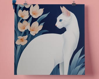 Elegant White Oriental Cat Flowers Pet Portrait Wall Art Print, Perfect Gift for Pet Lovers, 295mm x 295mm, 300GSM Matte Paper, Unframed