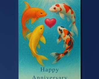 Rainbow Fish Parade Collection - Four Koi Fish - Anniversary Card - Funny Animal - Premium Greeting Card and Envelope - Personalised card