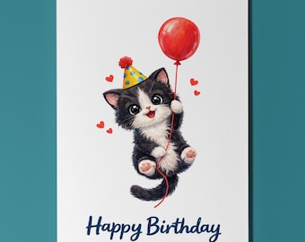 Tuxedo Cat Birthday Card, Flying Kitten with Balloon, Blank Inside, Made in UK