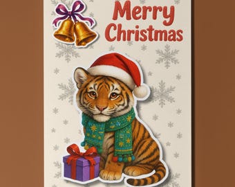 Festive Tiger Cub with a Gift - Pop Pets 3D Appliqué Collection Christmas Card - Funny Animal - Premium Quality Card Envelope - Personalised