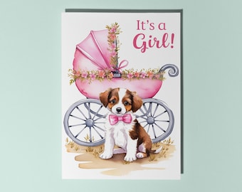 Handmade Cute puppy with pink stroller It's a Girl! Baby shower Card Funny Animal Card Animal Lovers Premium Greeting Card and Envelope