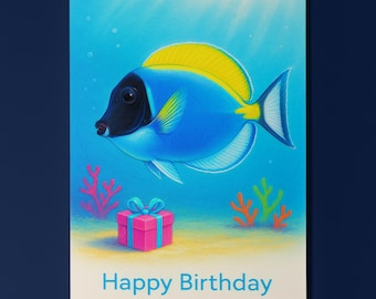 Rainbow Fish Parade Collection - Powder Blue Surgeonfish - Happy Birthday Card - Premium Greeting Card & Envelope - Personalised card Friend