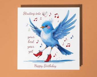 Handmade Cute little bird in red boots String into your best year yet Funny Happy Birthday Card Animal Lovers Premium Greeting Card Envelope