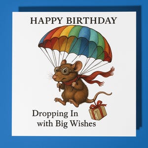 Cute rat on a parachute - Dropping In with Big Wishes - Happy Birthday Card - Premium Greeting Card & Envelope - Personalised funny card