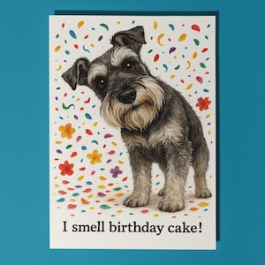 May include: A greeting card featuring a Schnauzer dog with a curious expression, surrounded by colorful confetti and flower illustrations. The text "I smell birthday cake!" is printed at the bottom. The card has a white background and a blue border.