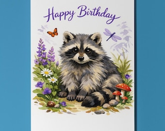 Animal Hugs Collection Raccoon: Mushroom Patch Happy Birthday Card  Premium Greeting Card and Envelope Personalised wildlife illustration