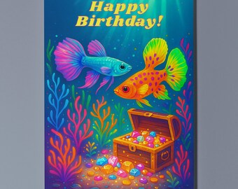 Rainbow Fish Parade Collection - Guppies Duo - Tropical Fish - Happy Birthday Card Premium Greeting Card and Envelope - Personalised card