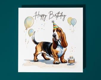 Handmade Cute Basset Hound Dog Breed with Cake Happy Birthday Card Funny Animal Card Animal Lovers Premium Greeting Card & Envelope