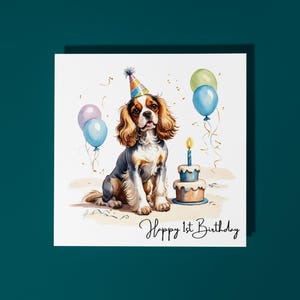 Bolo de cachorro Cavalier King Charles Spaniel feito à mão Cartão de feliz aniversário de 1 ano Cartão engraçado de animal Amantes de animais Cartão de felicitações premium Envelope
