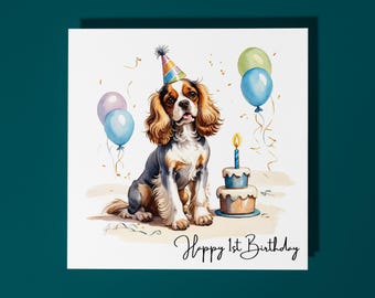 Handmade Cavalier King Charles Spaniel Dog breed Cake Happy 1st Birthday Card Funny Animal Card Animal Lovers Premium Greeting Card Envelope