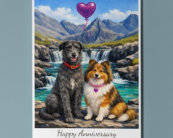 Isle of Skye Fairy Pools - Scottish Deerhound Shetland Sheepdog Happy Anniversary Card Envelope Funny Premium Personalised Couples Spouses
