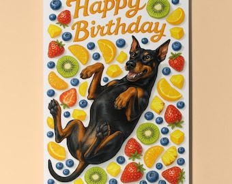 Sweet Fruit Salad Doberman Dog - Fruity Collection Happy Birthday Card - Funny Animals Premium Greeting Card and Envelope - Personalised