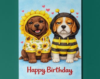 Biglietto d'auguri per il compleanno di un Labrador o un Beagle, felpa con cappuccio a forma di ape e girasole, regalo personalizzato e carino per gli amanti dei cani.