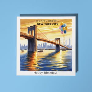 Ponte do Brooklyn feita à mão ao pôr do sol Feliz aniversário! Você vai para... Nova York! Cartão surpresa Cartão Cartão de felicitações premium e envelope