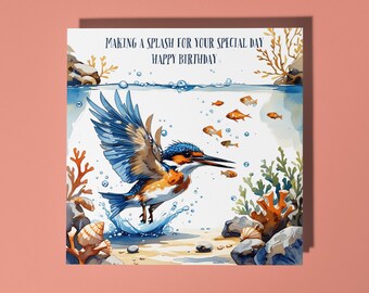 Handmade Kingfisher catches fish Making a splash Happy Birthday Card Funny Animal Card Animal Lovers Premium Greeting Card & Envelope