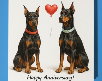 Doberman dogs and red heart - Anniversary Card - Funny Animal - Premium Greeting Card & Envelope - Personalised Dog card - Wife Husband