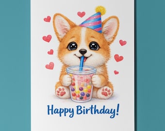 Corgi Dog Boba Bubble Tea Birthday Card, Kawaii Personalised Dog Lover Gift