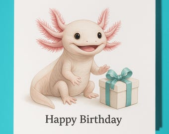 Axo-Love Collection - Axolotl with gift - Happy Birthday Card - Funny Animal - Premium Greeting Card & Envelope - Personalised card - Friend